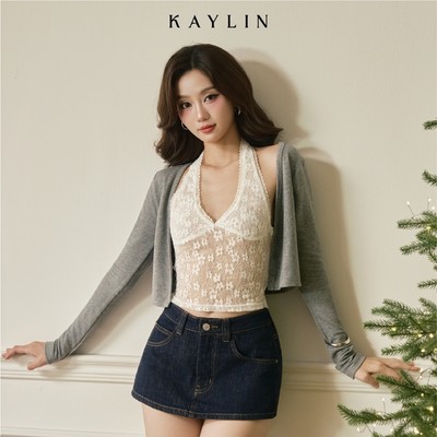 Set KAYLIN áo yếm ren mỏng phối áo Cardigan chất vải ren và thun gân lụa co giãn phong cách BST Tháng 11.2025 - A87T11