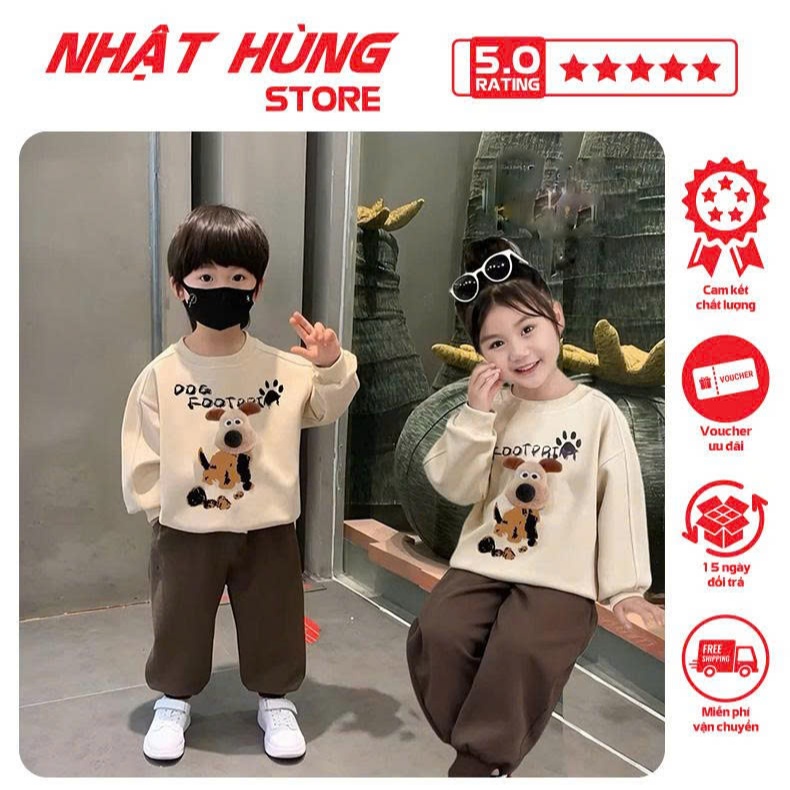 Bộ quần áo nỉ 2 da dài tay thu đông gắn hình CHÚ CHÓ BÔNG cho bé trai, bé gái từ 10-63kg NH206
