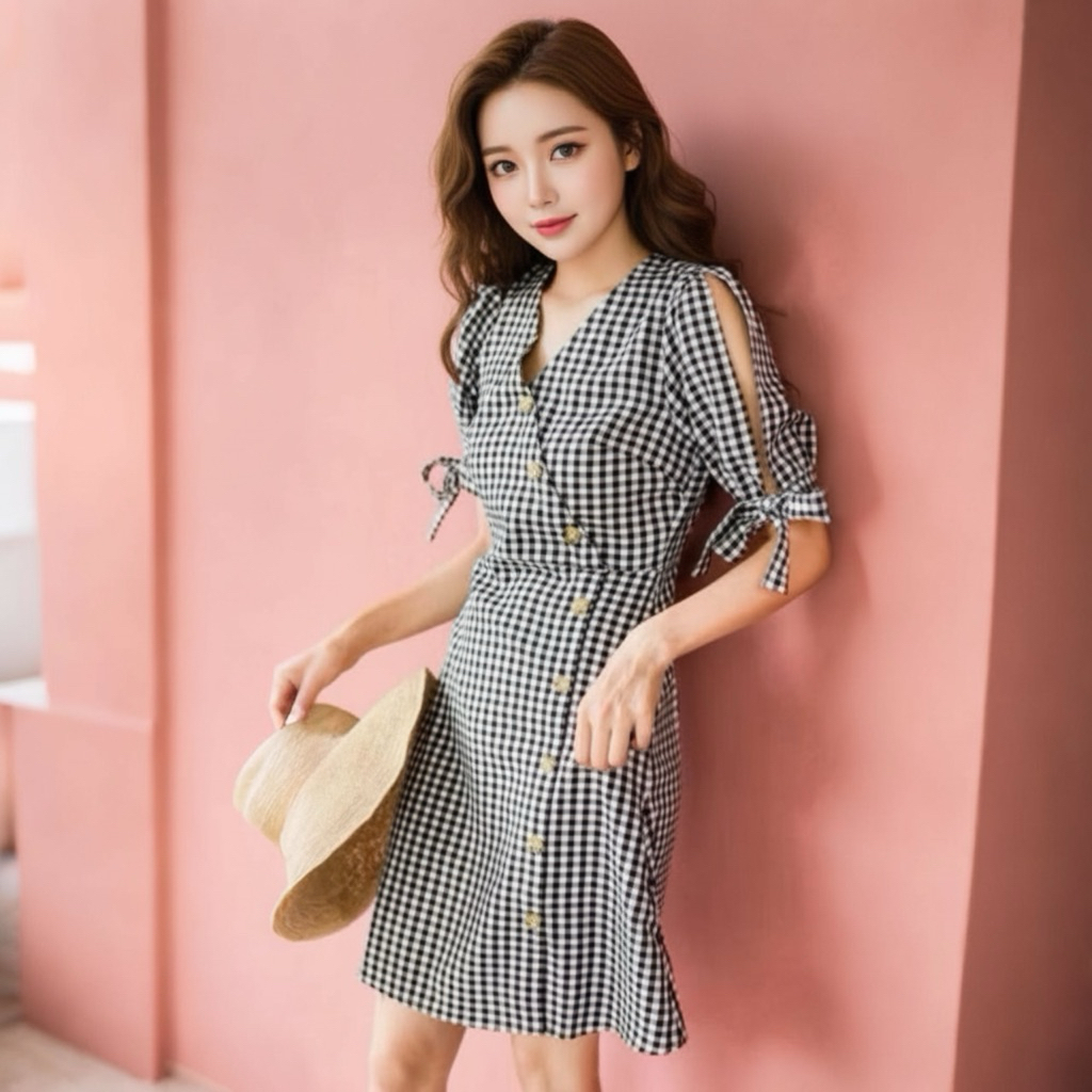 Đầm caro nút xéo freesize dưới 50kg , váy dạo phố trẻ trung năng động (kèm hình thật)