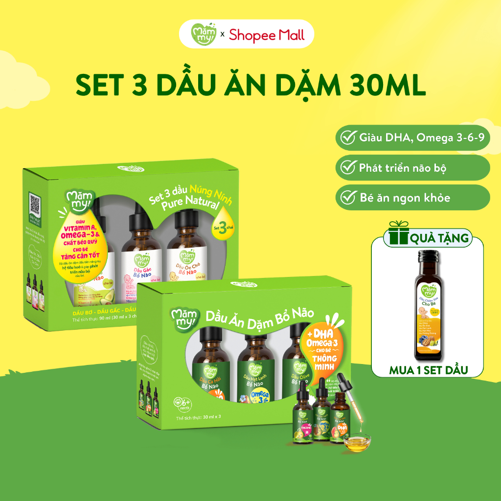 Combo dầu ăn dặm cho bé Mămmy cá hồi hạt lanh olive bổ sung DHA vitamin bé từ 6 tháng tuổi chai 30ml
