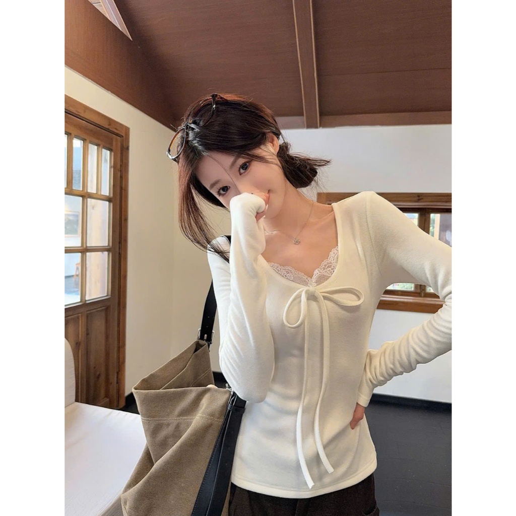 [TAY DÀI] Áo Thun Kiểu Nữ Dài Tay Có Dây Thắt Nơ Xinh Xắn Phối Cổ Viền Ren Mềm Quảng Châu Trend - Giáng Sinh2025 | BigBuy360 - bigbuy360.vn