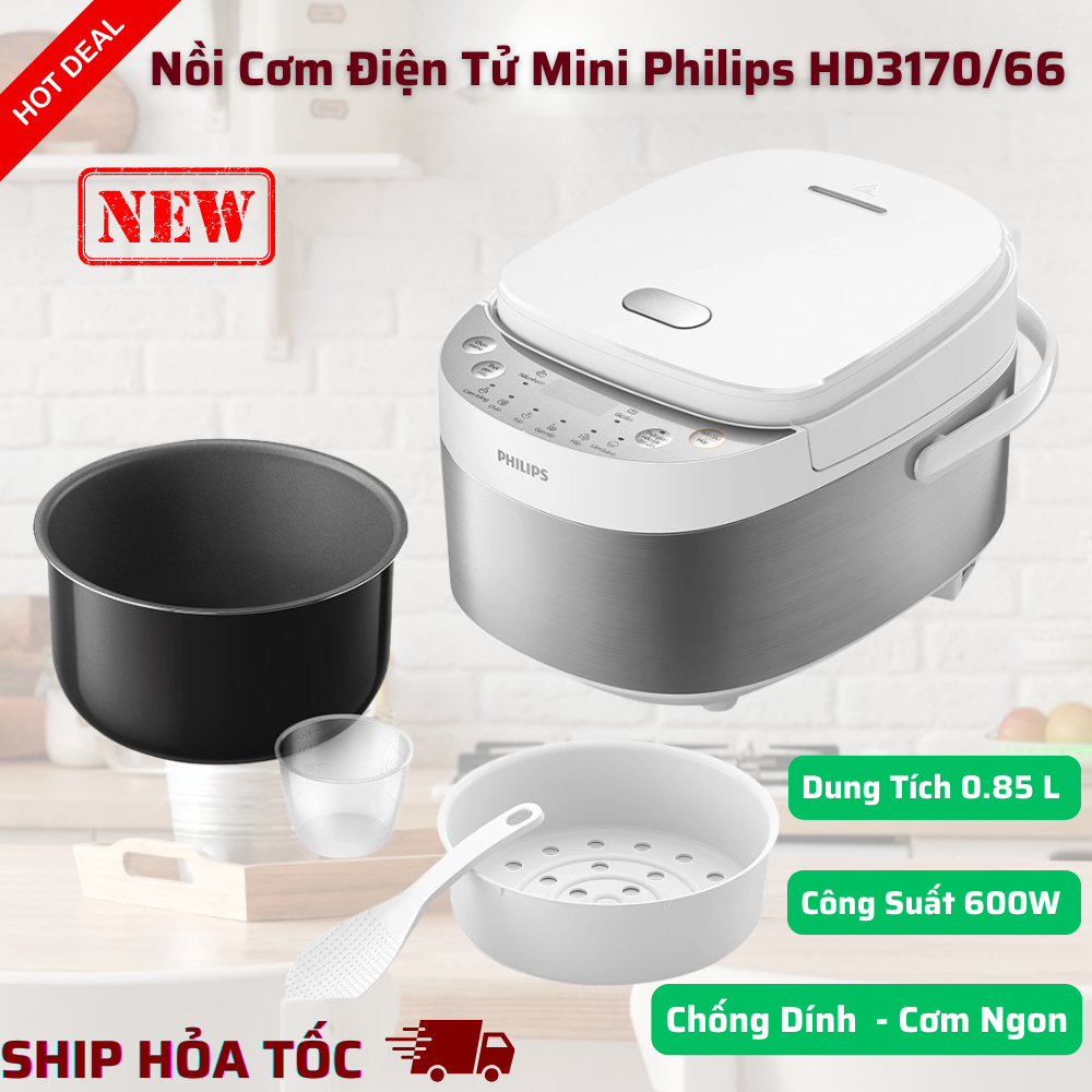 Nồi cơm điện tử mini Philips HD3170/66, Công suất 600W, Dung tích 0.85 lít, Bảo hành 12 tháng