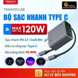  Bộ Sạc Nhanh TRANYOO US8 Cổng Type C Hỗ Trợ Sạc Nhanh PD 3.1 Công Nghệ GaN Công Suất Lên Đến 120W 