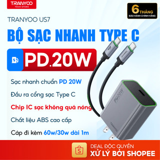  Bộ Sạc Nhanh TRANYOO US7 Cổng Type C Hỗ Trợ Sạc Nhanh PD 20W Sạc Thông Minh Không Nóng Điện Thoại 