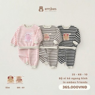   New Collection  Đồ Bộ Nỉ Cho Bé Embes Bộ Dài Tay Kẻ Ngang In Hình Chất Nỉ Dày Dặn Cho Bé Từ 8-18Kg 