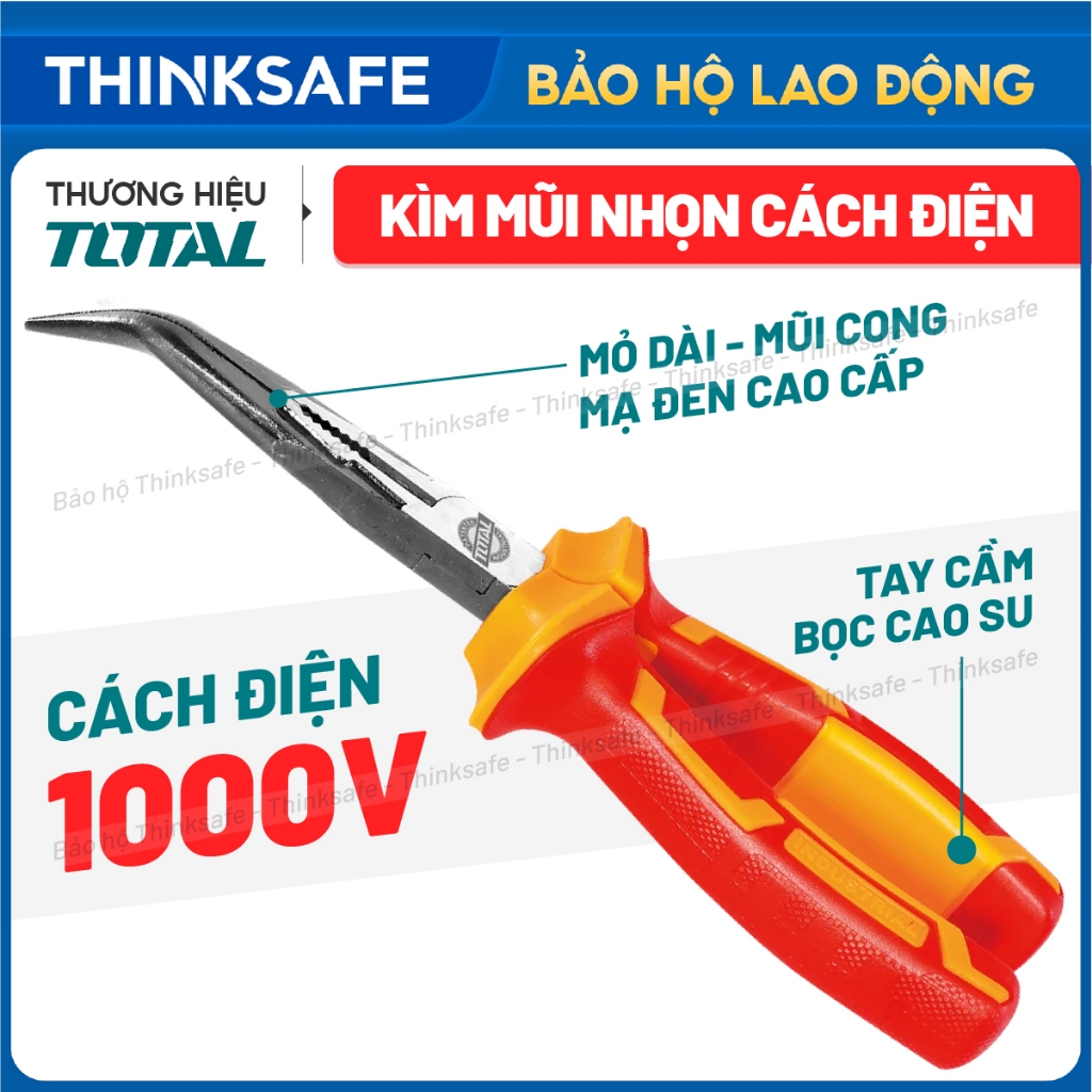 Kìm mũi nhọn mỏ dài - mỏ cong cách điện Total, kích thước 8 inch / 200mm, Tay cầm cách điện lên đến 