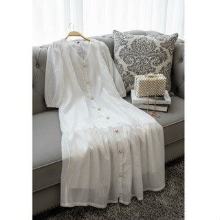  Đầm bigsize 40-95kg màu trắng ren xước - Váy bầu chơi tết dự tiệc cưới đuôi cá tay lỡ đính cúc xinh 