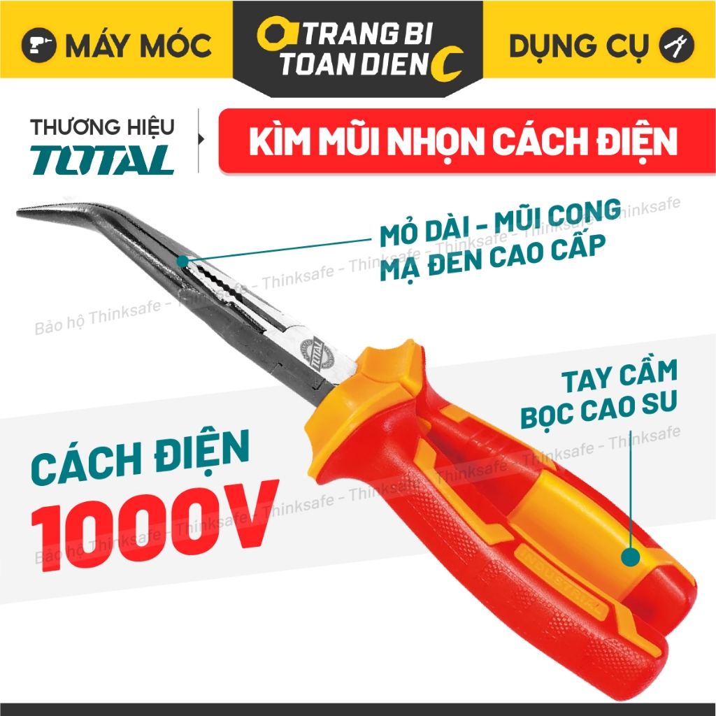 Kìm mũi nhọn mỏ dài - mỏ cong cách điện Total, kích thước 8 inch / 200mm, Tay cầm cách điện