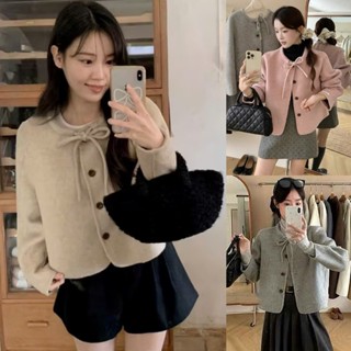  Áo khoác nữ A.802 Áo khoác dạ ép dáng lửng cổ tròn buộc nơ tay dài phối cúc dọc dễ thương - Shop Chấm Bi 