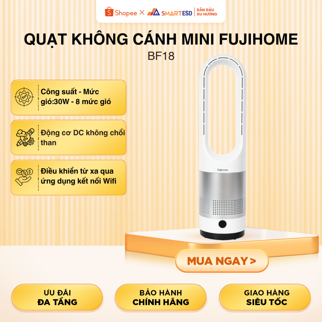 Quạt không cánh mini Fujihome BF18, lọc không khí  Anion + UV kết nối WIFI |Bảo hành 24 tháng