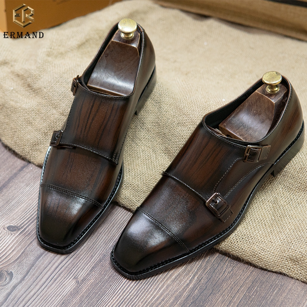 Giày lười tây nam cao cấp đế phíp da bò thật ERMAND dáng Double Monkstrap sang trọng - Mã T15