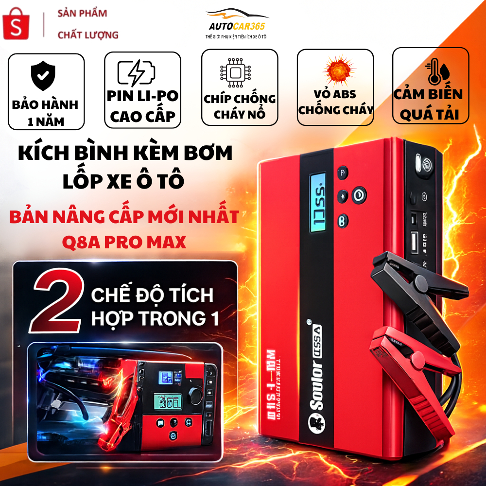  Kích Bình Ô Tô Soulor Q8A Pro Max – Kích Nổ Bơm Lốp Ô Tô Sạc Dự Phòng Đèn Pin SOS Bảo Hành 12T 