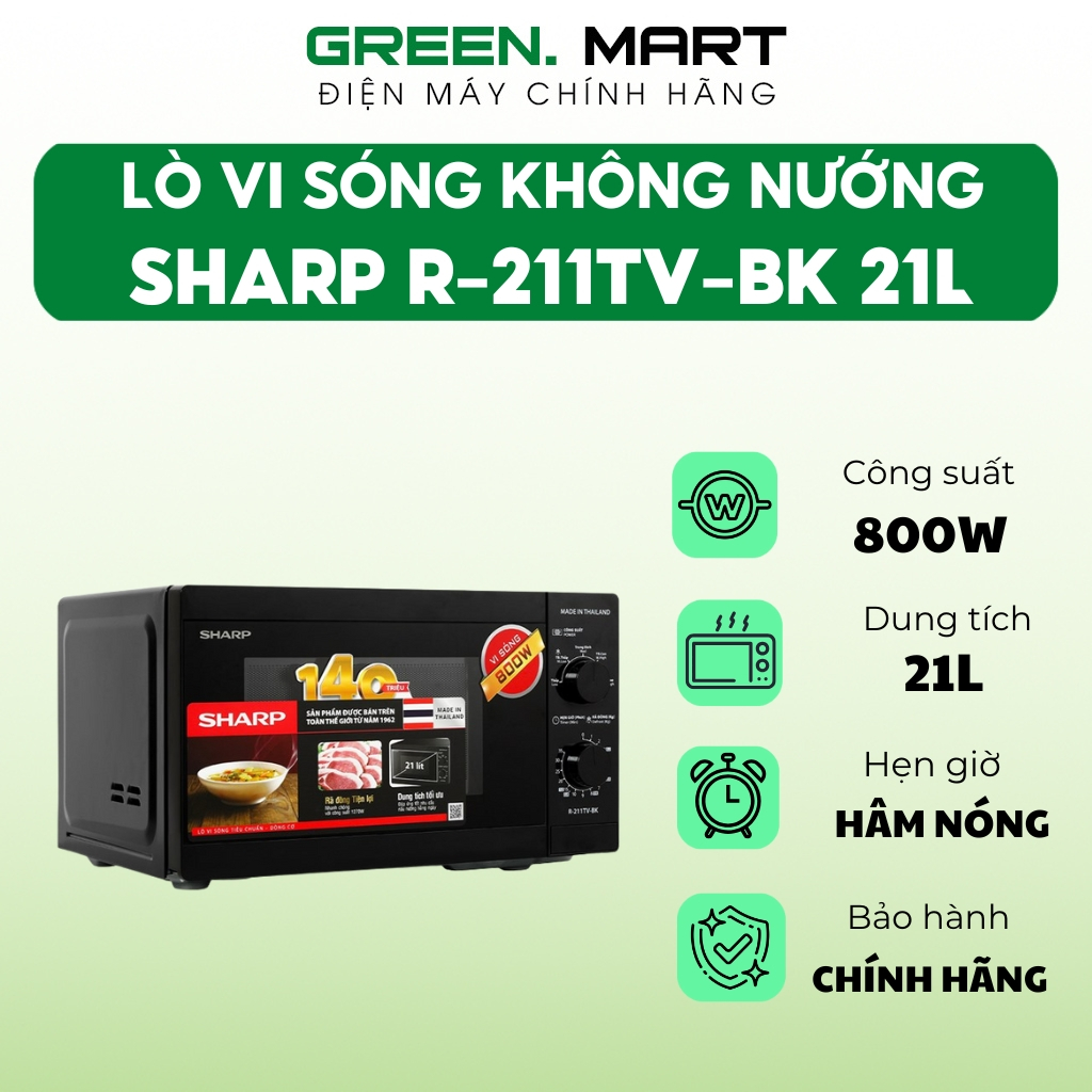 Lò vi sóng Sharp R-211TV-BK 21 lít | Lò viba 211TV công suất 800W nấu nhanh tiết kiệm thời gian