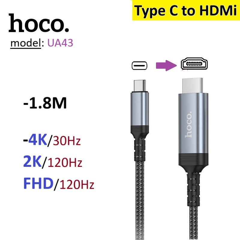 Dây Type C to HDMI 2K 120Hz/ 1080P 120Hz Hoco UA43 dài 1.8m -Bảo hành 6 tháng