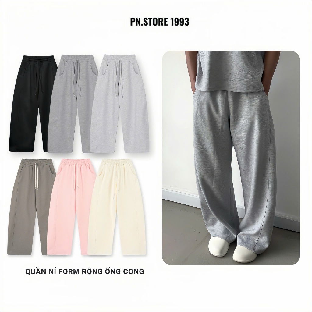 [DEAL MỞ BÁN] Quần nỉ 2 da form rộng ống cong PN.Store 1993 Quần ống rộng nam nữ mềm mịn, không bai xù unisex