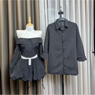   Sẵn  Set bộ couple nam sơmi nữ bộ áo và chân váy bí xòe sọc linen xám cute chụp ảnh đẹp 