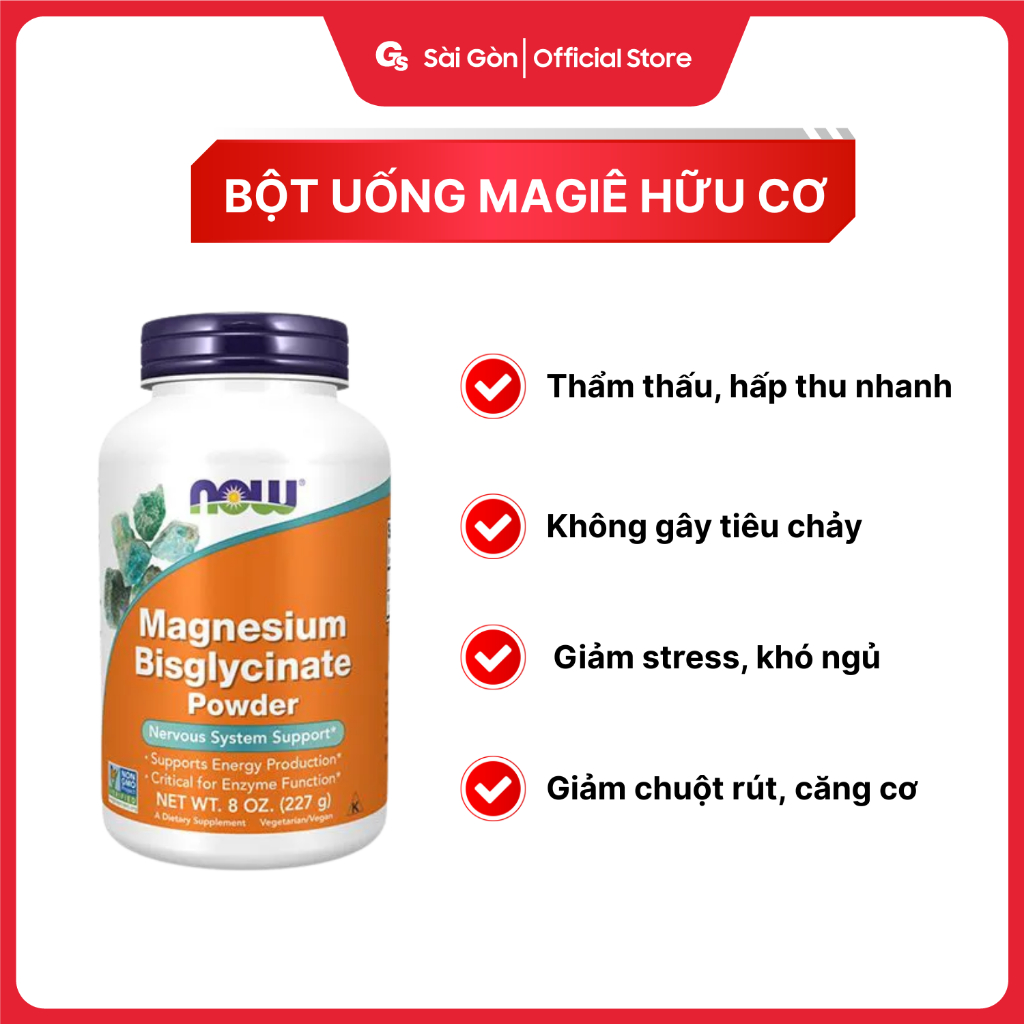 Bột NOW Magnesium Bisglycinate Chelate with TRAACS Powder, hấp thụ nhanh - Gymstore