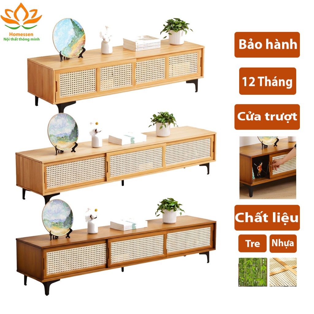  Kệ tivi phòng khách cửa lùa 1m2 1m6 Tủ TV phòng khách gỗ tre cửa trượt giả mây tre đan Vintage cổ điển decor đẹp 