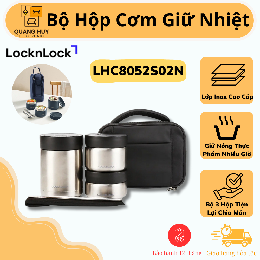 Bộ Hộp Cơm Giữ Nhiệt Lock&Lock Pump Vacuum Lunch Box (300ml*2, 500ml*1, Bộ Đũa,Thìa ,Túi) LHC8052S02