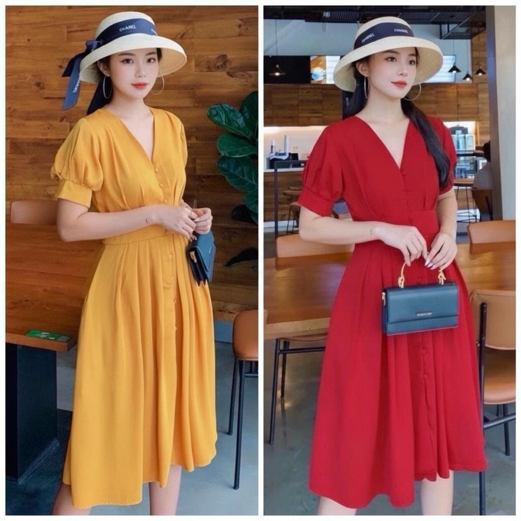 Đầm midi cổ v nút bọc 2 màu, váy dạo phố, váy tết, váy noel (kèm hình thật)