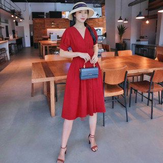 Đầm midi cổ v nút bọc 2 màu, váy dạo phố, váy tết, váy noel (kèm hình thật)