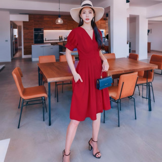 Đầm midi cổ v nút bọc 2 màu, váy dạo phố, váy tết, váy noel (kèm hình thật)