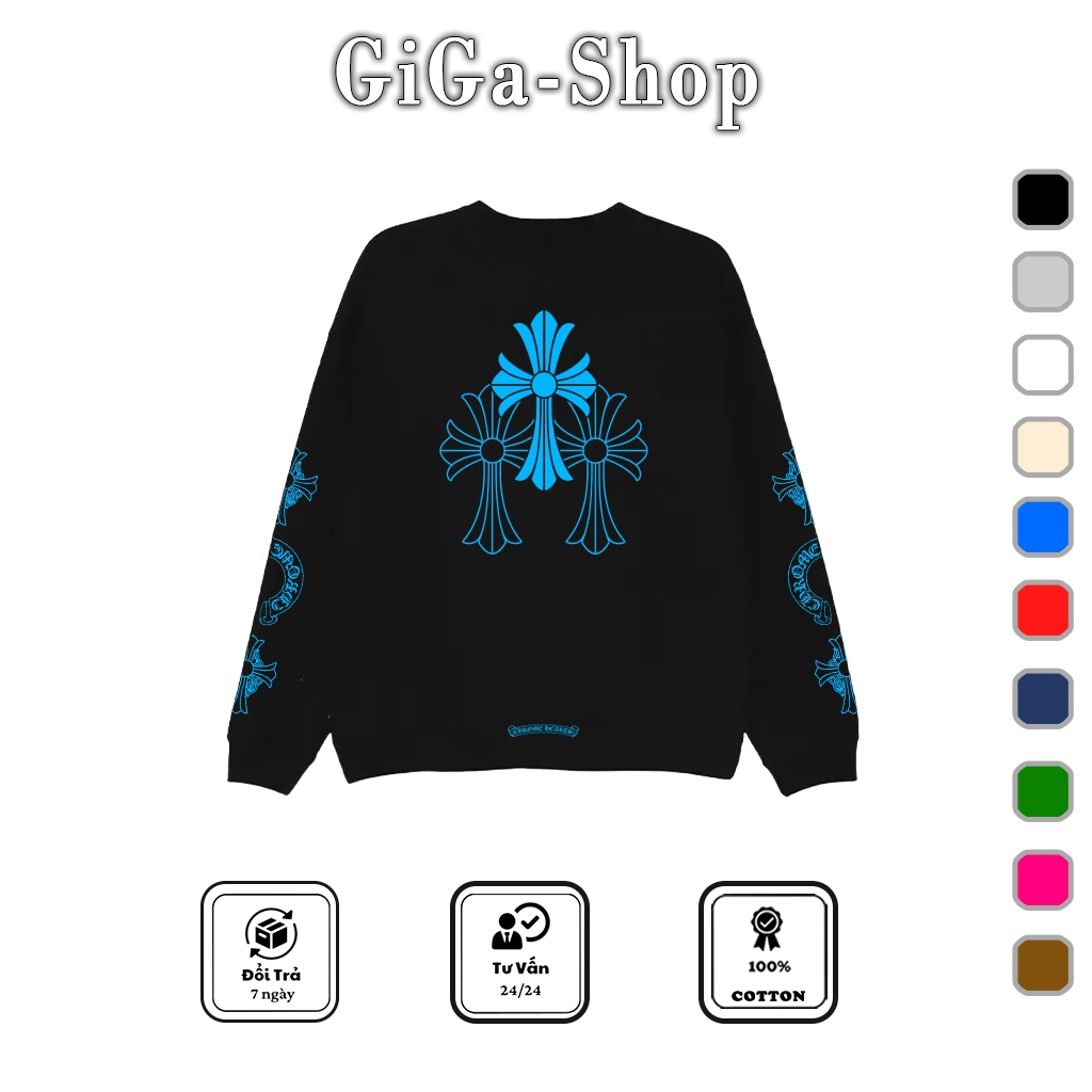 Áo Sweater Chrome Hearts Triple Cross Blue Cotton Cao Cấp Form Rộng - GiGa-Shop