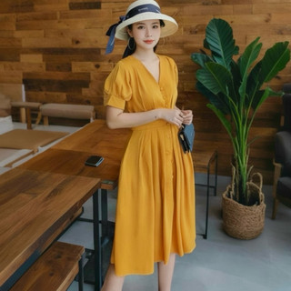 Đầm midi cổ v nút bọc 2 màu, váy dạo phố, váy tết, váy noel (kèm hình thật)