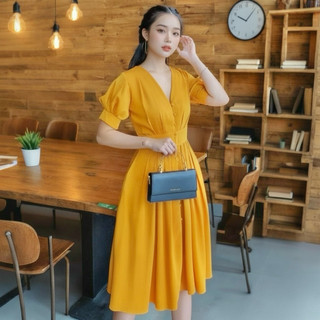 Đầm midi cổ v nút bọc 2 màu, váy dạo phố, váy tết, váy noel (kèm hình thật)