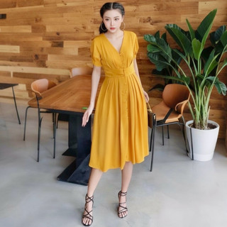 Đầm midi cổ v nút bọc 2 màu, váy dạo phố, váy tết, váy noel (kèm hình thật)