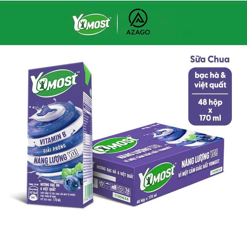 Thùng 48 Hộp 170ml Sữa Chua Lên Men Tự Nhiên Yomost Bạc Hà - Việt Quất/ Yomost Hương Lựu - AZAGO