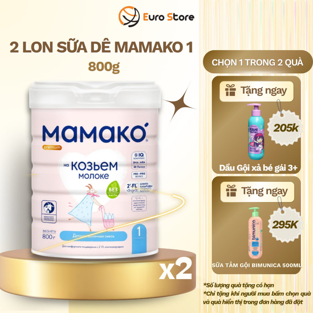 Combo 2 Lon Sữa Dê Công Thức MAMAKO 1 Premium  Euro Store - 800g tăng cường miễn dịch
