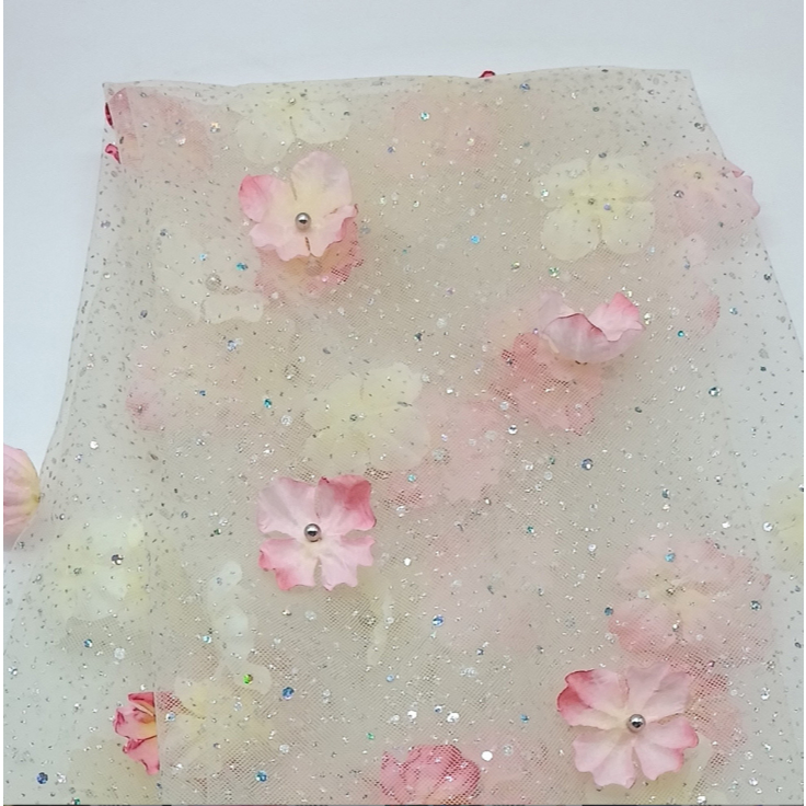 [Vải đẹp nhà Hấu] Vải lưới kim sa đính hoa nổi 3D may váy công chúa, trang trí.