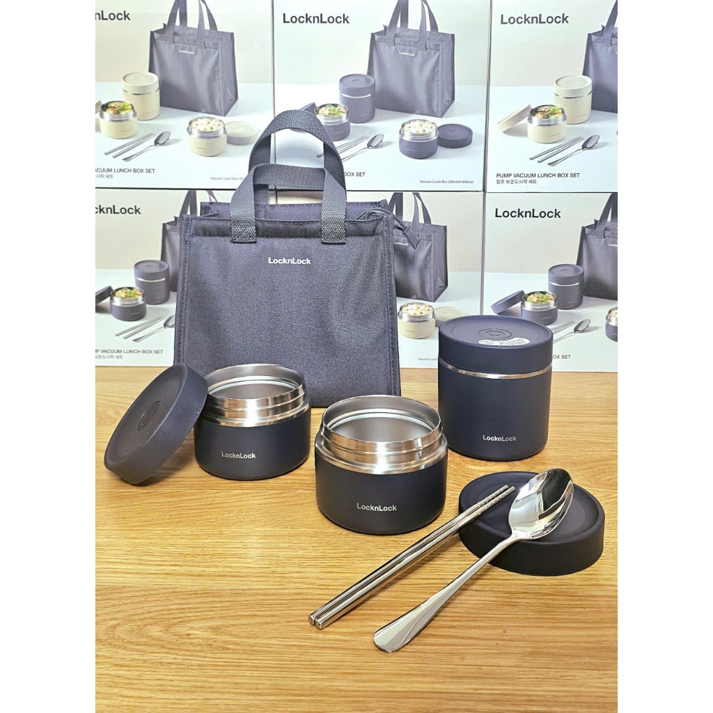 Bộ hộp cơm giữ nhiệt LocknLock Pump Vacuum Lunch Box (300ml*2, 500ml*1, bộ đũa và thìa, túi) LHC8052