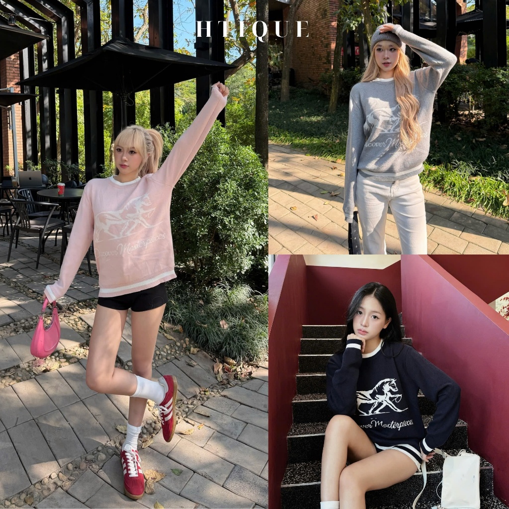 (BST Thu Đông HTIQUE) DEAL mở bán Áo sweater thêu ngựa, Áo len dệt kim năng động DISCOVER MARTERPIEC