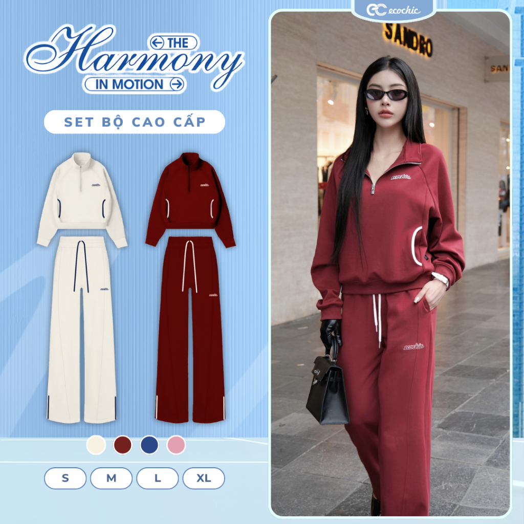 Set Bộ Nỉ Mịn ECOCHIC FORMLINE SET Khoá Áo Halfzip Quần Ống Suông Phối Viền Cao Cấp Chính Hãng HNH B198 | BigBuy360 - bigbuy360.vn