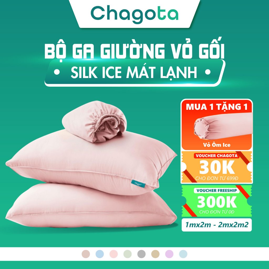 ( 2 Vỏ Gối, 1 Ga Giường ) Bộ Ga Gối 3 Món Silk Ice Chagota Bedding, Chất Vải Mềm Mát, Thấm Hút, Size