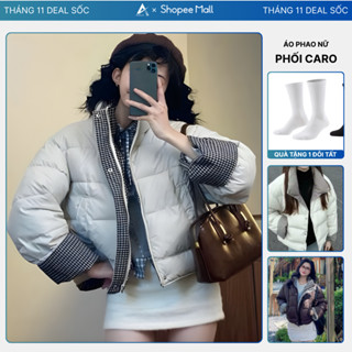  Áo Khoác Phao Nữ AZILA Dáng Croptop Phối Viền Caro Áo Phao Đại Hàn Nữ 3 Lớp Siêu Ấm Phong Cách Hàn Quốc 