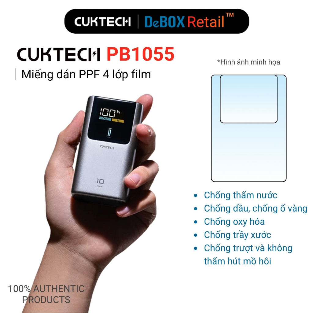Miếng dán film PPF 4 lớp dành cho Sạc Dự Phòng CUKTECH 10 mini PB1055 chống trầy xước, chống trượt, 