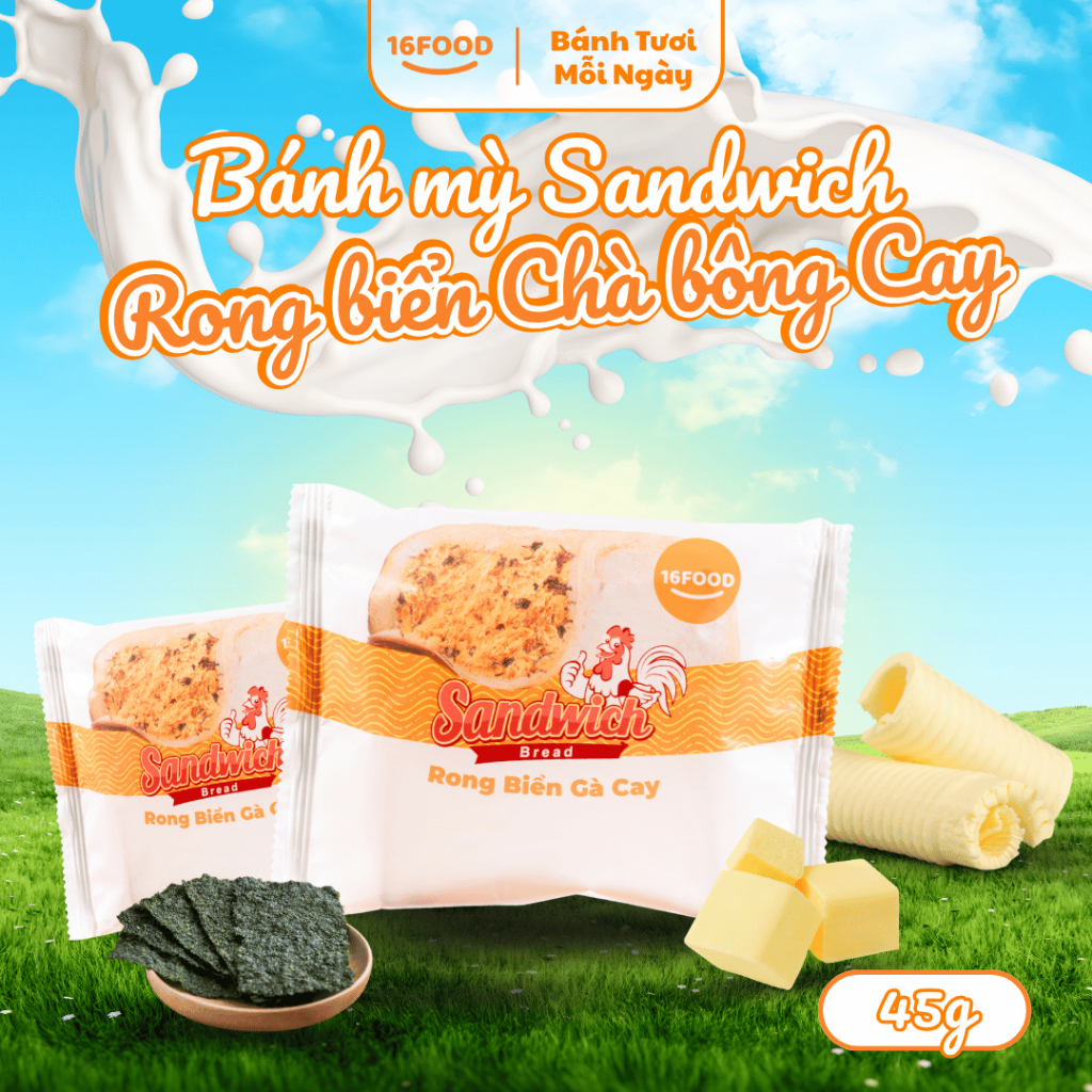 Bánh Mỳ Tươi Sandwich Rong Biển Gà Cay 45g - Vị Mặn Cay Hấp Dẫn Bữa Sáng/Ăn Vặt | 16Food