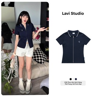  Áo Polo Baby Tee Gân Local Brand Lavi Studio   Zip 2 Chiều Logo Thêu Đứng Form Hách Dáng Ôm Body 
