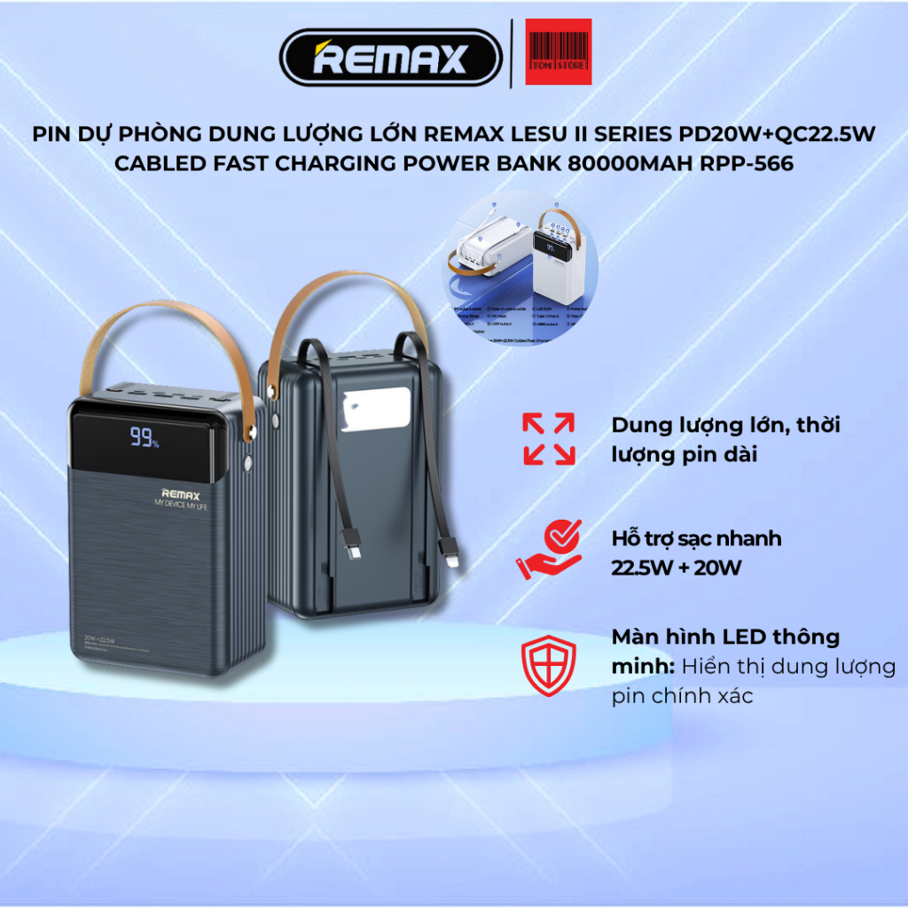 Pin dự phòng dung lượng lớn REMAX Lesu II Series PD20W+QC22.5W Cabled Fast Charging Power Bank 80000