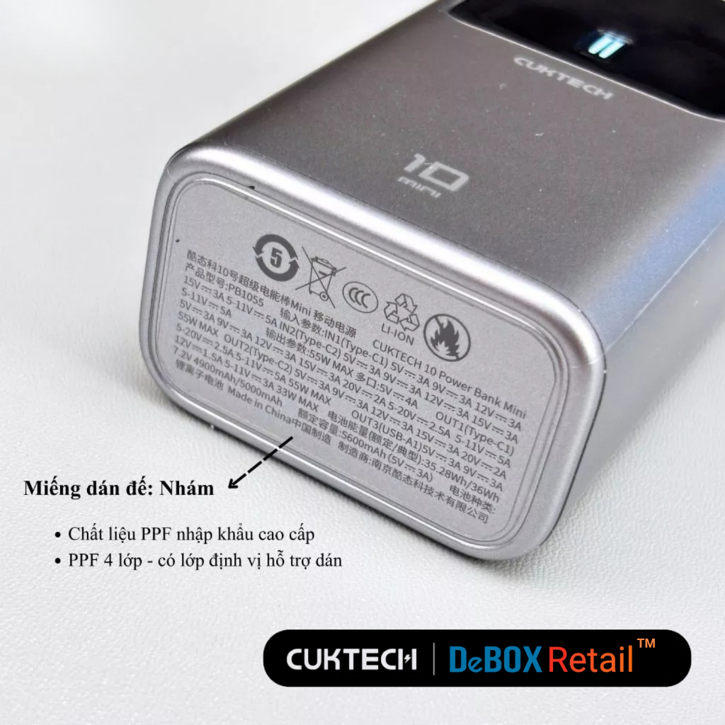 Miếng dán film PPF 4 lớp dành cho Sạc Dự Phòng CUKTECH 10 mini PB1055 chống trầy xước, chống trượt, chống thấm nước | BigBuy360 - bigbuy360.vn