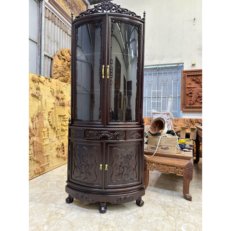 Tủ Góc 60cm Gỗ Gụ Lắp Kính Cong hàng Kĩ