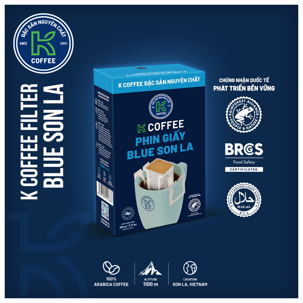 Cà Phê Phin Giấy Arabica & Robusta K Coffee ( Hộp 7 gói) - Thương Hiệu K Coffee