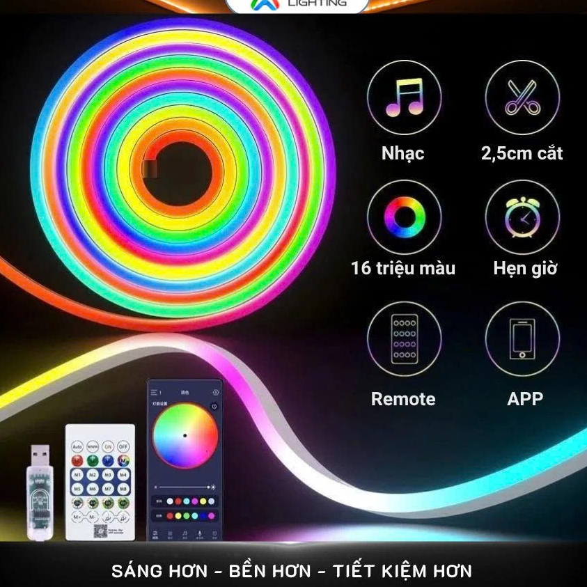 Đèn NEON FLEX, 5V-USB, dây led đuổi RGB, đèn led trang trí - Chống nước, Remote, App