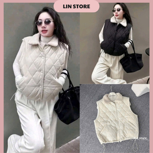 Áo Phao Gile Nữ Trần Trám Cổ Lông Chất Nhung Lì Có Túi 2 Bên Áo Khoác Phao Gile Nữ Có Dây Rút Dưới Áo Gile Phao 3 Màu