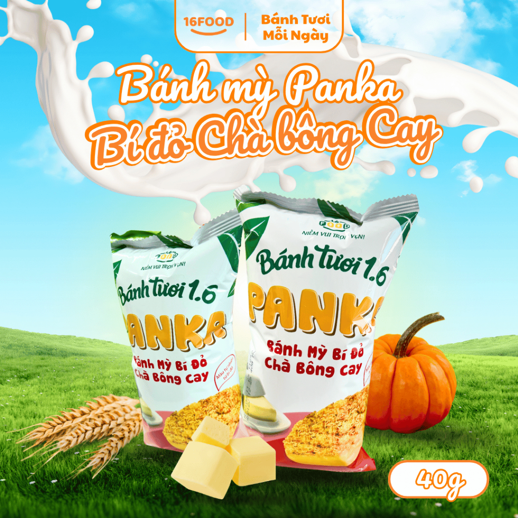 Bánh Mỳ Tươi Panka Vị Bí Đỏ Chà Bông Cay 50g - Bánh Ăn Sáng Dinh Dưỡng | 16Food