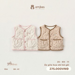   New Collection  Áo Gile Bé Gái Embes Áo Khoác Gile Hoa Nhí Chất Nỉ Lót Bông Cho Bé Gái Từ 8-18Kg 