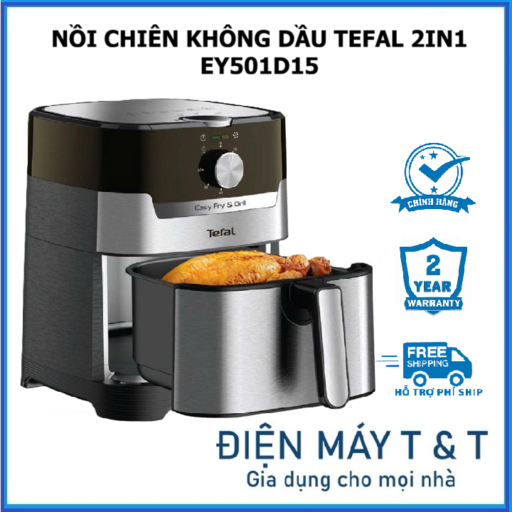 Nồi chiên không dầu Tefal 2in1 Easy Fry & Grill  Classis+ EY501D15 - Màu Bạc hiện đại - Bảo hành 2 n